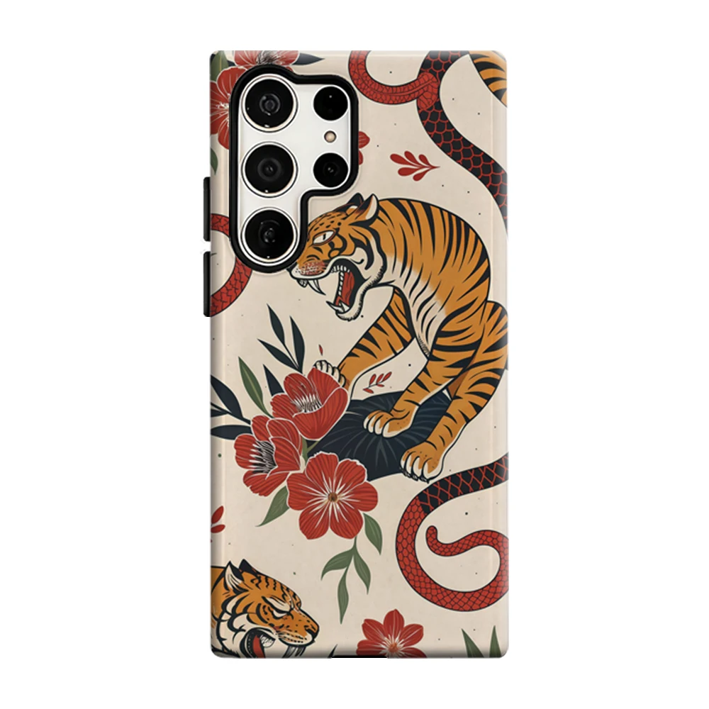 Tiger Snake Floral Phone Case For Samsung Galaxy S25 S26 Ultra S24 S23 Plus Shockproof Double Layer Tough Back Cover