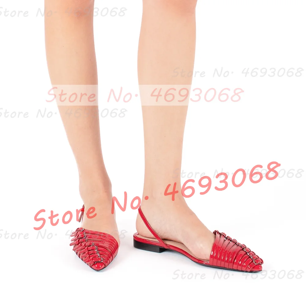 Red Multi Buckle Straps Flat Sandals Women Stylish Back Strap Pointy Toe Comfy Shoes Trendy Belt Buckles Metallic Leather Sandal