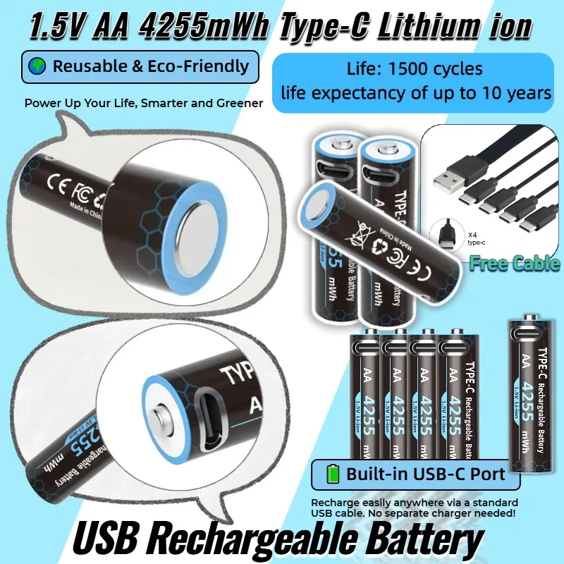 AA1.5V 4255mWh بطارية قابلة للشحن TypeC USB بطارية ليثيوم لبطارية لعبة التحكم عن بعد مع كابل شحن مكبرات الصوت أجهزة الراديو