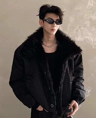 سترات رجالية جديدة لشتاء 2025 أنيقة بلون سادة وياقة من الفرو الصناعي سترات رجالية سميكة ودافئة بياقة واقفة معاطف من الفرو سترات متكاملة #6