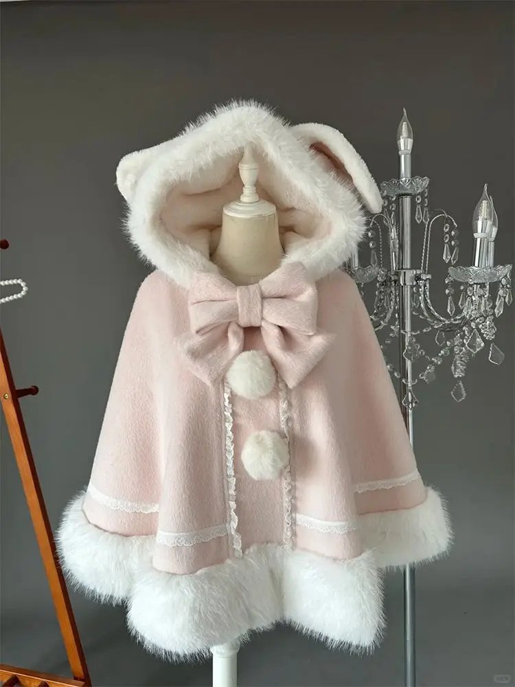 Mantello con cappuccio giapponese dolce e carino con fiocco Autunno Inverno Nuovo cappotto da principessa Lolita caldo per ragazze Cappotto casual Kawaii Chic