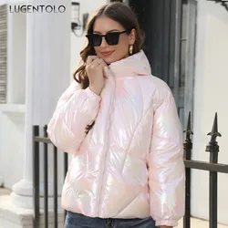 Parkas brillantes con capucha para mujer, abrigo de bolsillo con cremallera, chaqueta de pan informal sólida, ropa suelta, moda de invierno, nuevo