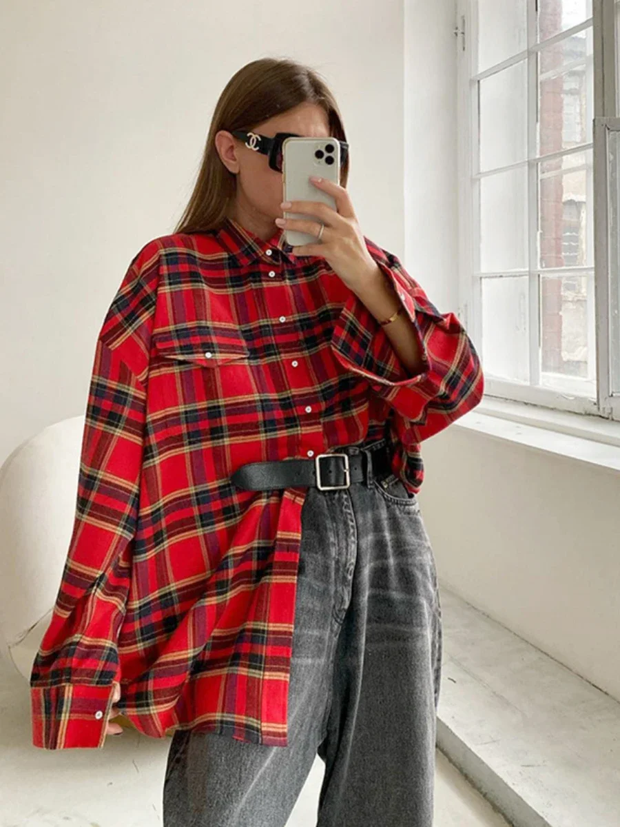 Bornladies Spring New Versatile Checkered Shirt Women's Fashion Trend Retro Plaid Long Sleeved Top Female Loose Jacket Shirts