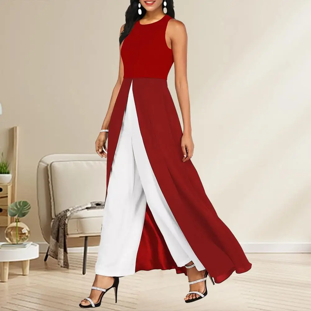 Women Jumpsuit Summer Sleeveless Contrast Color Splicing High Split O Neck Elegant Office Lady Pants Long Romper Trousers Daily