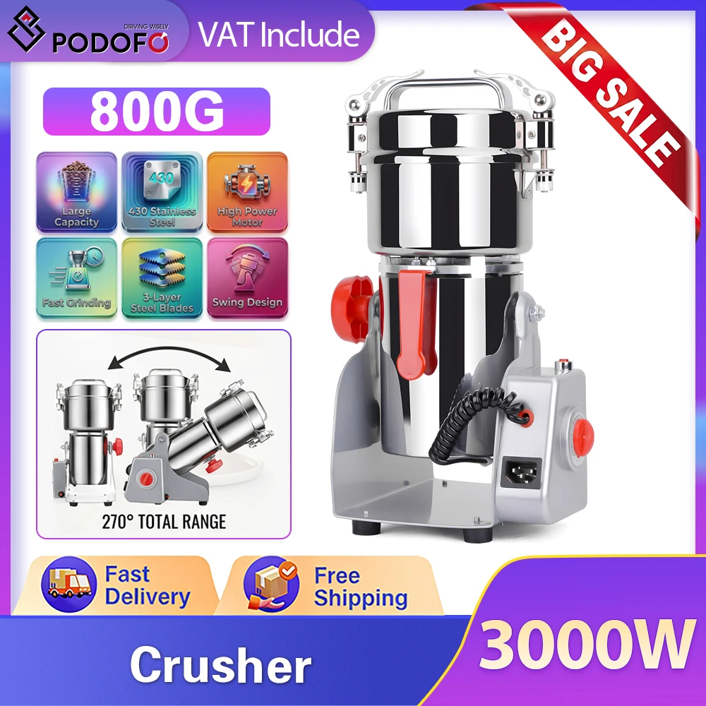 Moulin à Grains Électrique Commercial Podofo 800G 3000W, Broyeur à Épices Oscillant pour Herbes Sèches, Grains, Épices, Céréales, Café, Maïs