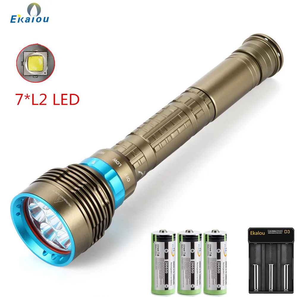 

100M Dive Flashlight 7 L2 LED Underwater Waterproof Diving White Light /Yellow Light Torch Scuba Lamp Use 3x26650 Battery