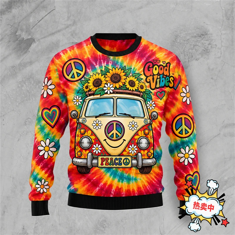 Hippie Skeleton Sweatshirt Men3D Print Hippie Dogs Frogs Graphic Long Sleeve Pullover Retro Harajuku Streetwear Unisex Y2k Tops
