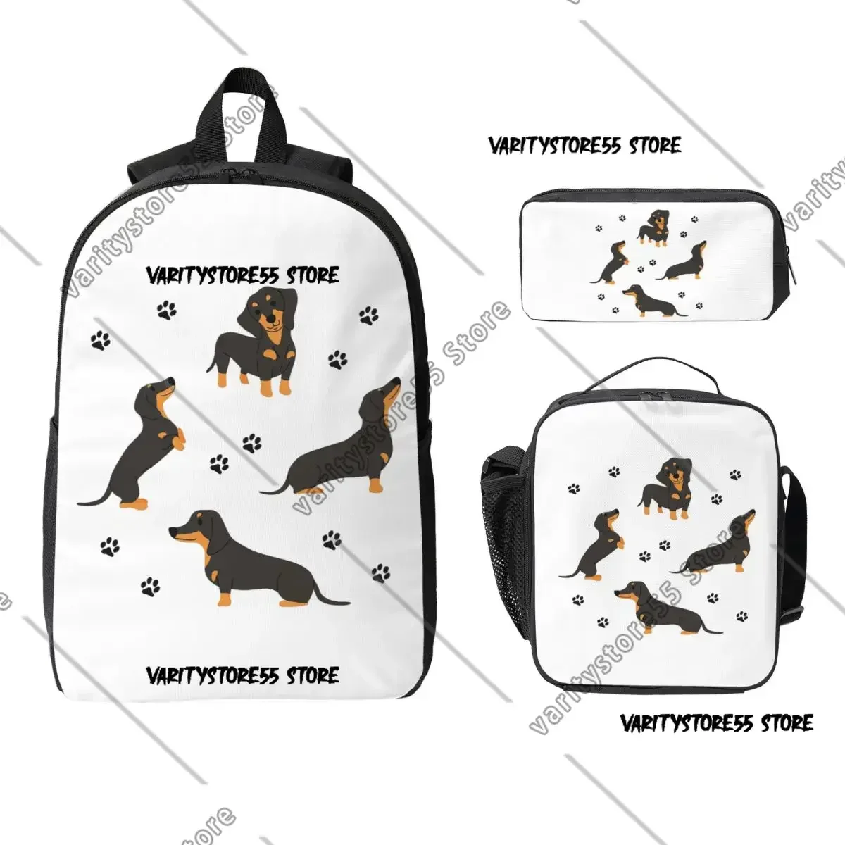 

Рюкзак с рисунком таксы и собачьими лапами для мальчиков и девочек, школьная сумка, сумка через плечо, 3 предмета: термосумка для обедов, пенал