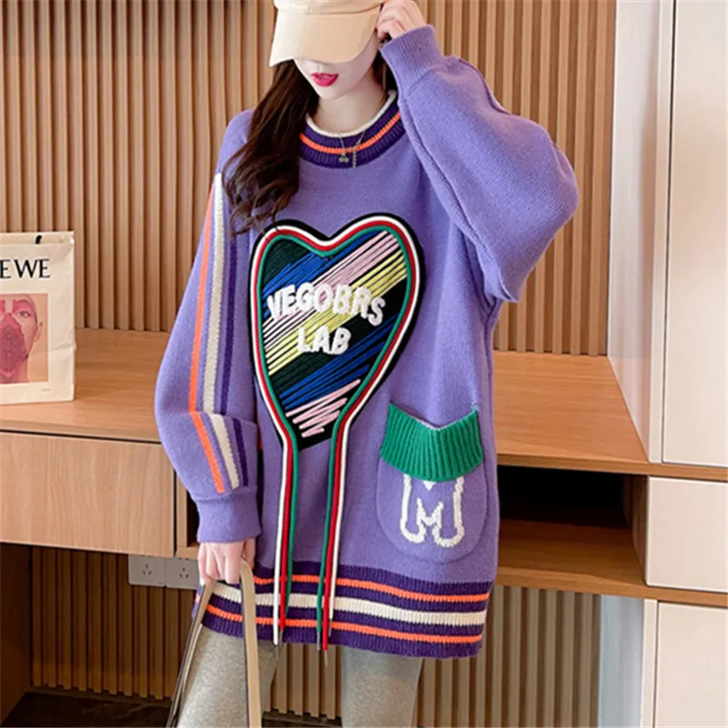 Spliced Knitted Sweater Women Pocket Fashion Letter Ribbon O-Neck Pullovers Loose Tops Female Autumn Winter Thick Warm Sweaters