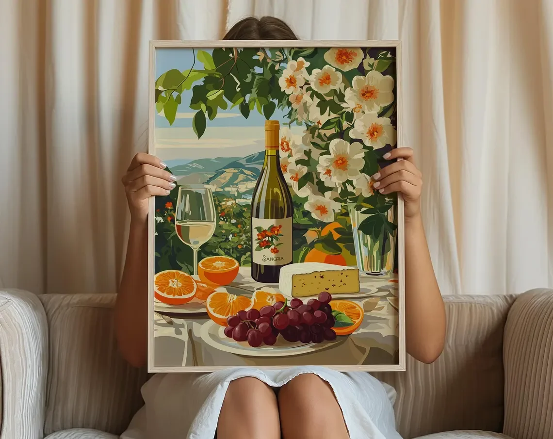 Mediterranean Summer Feast Wall Art - Bold Graphic Print of a Table Spread with Sangria, Fresh Fruit and Cheese, with Lush Flora
