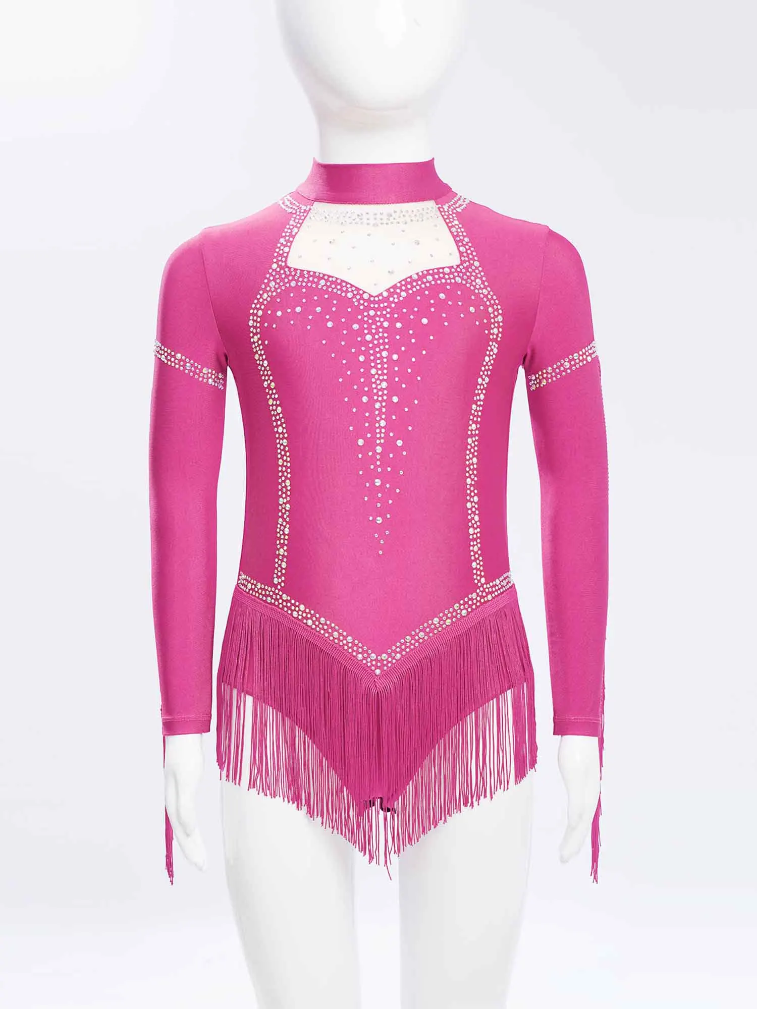 Kids Girls Latin Dance Dress Long Sleeve Rhinestones Mesh Tassels Leotard for Figure Skating Cha-cha Tango Samba Rumba Ballroom