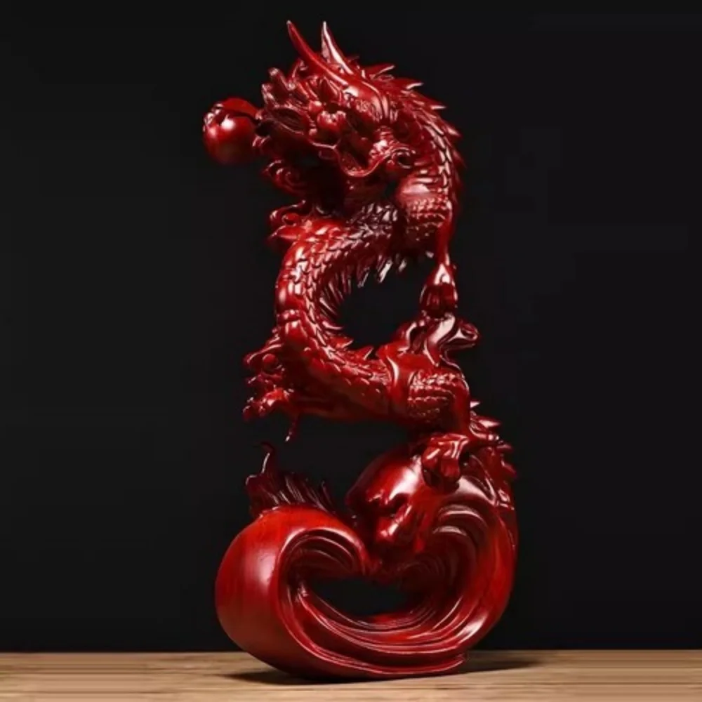8" Rosewood Carved 3D Dragon Statue Chinese Mythical Beast Feng Shui Home Amulet Home Desk Table Statue Decor Collection Crafts