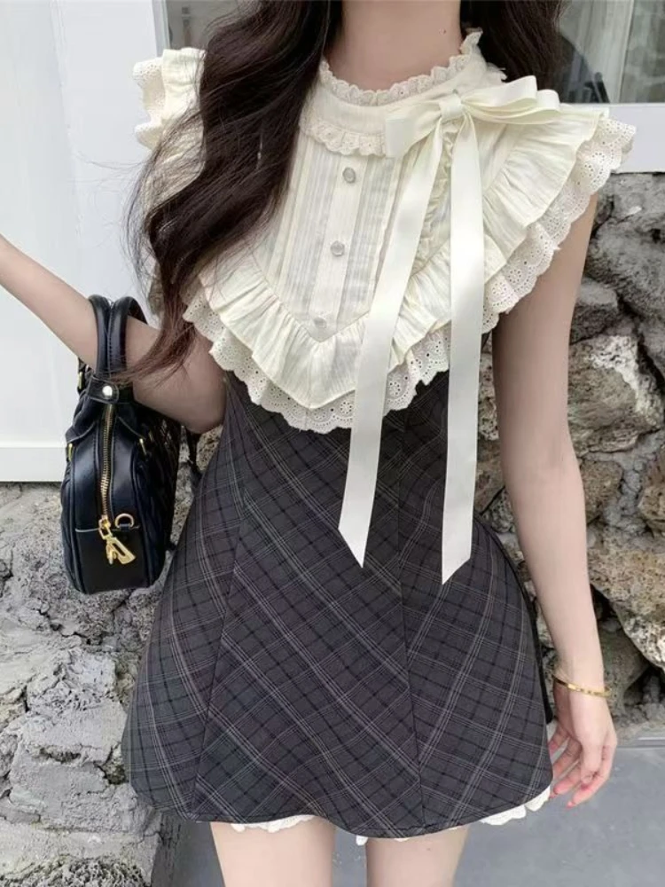 프랑스 빈티지 슬림 레이스 격자 무늬 드레스 여성 우아한 패션 달콤한 보우 민소매 드레스 여름 하라주쿠 세련된 스키니 새 의상