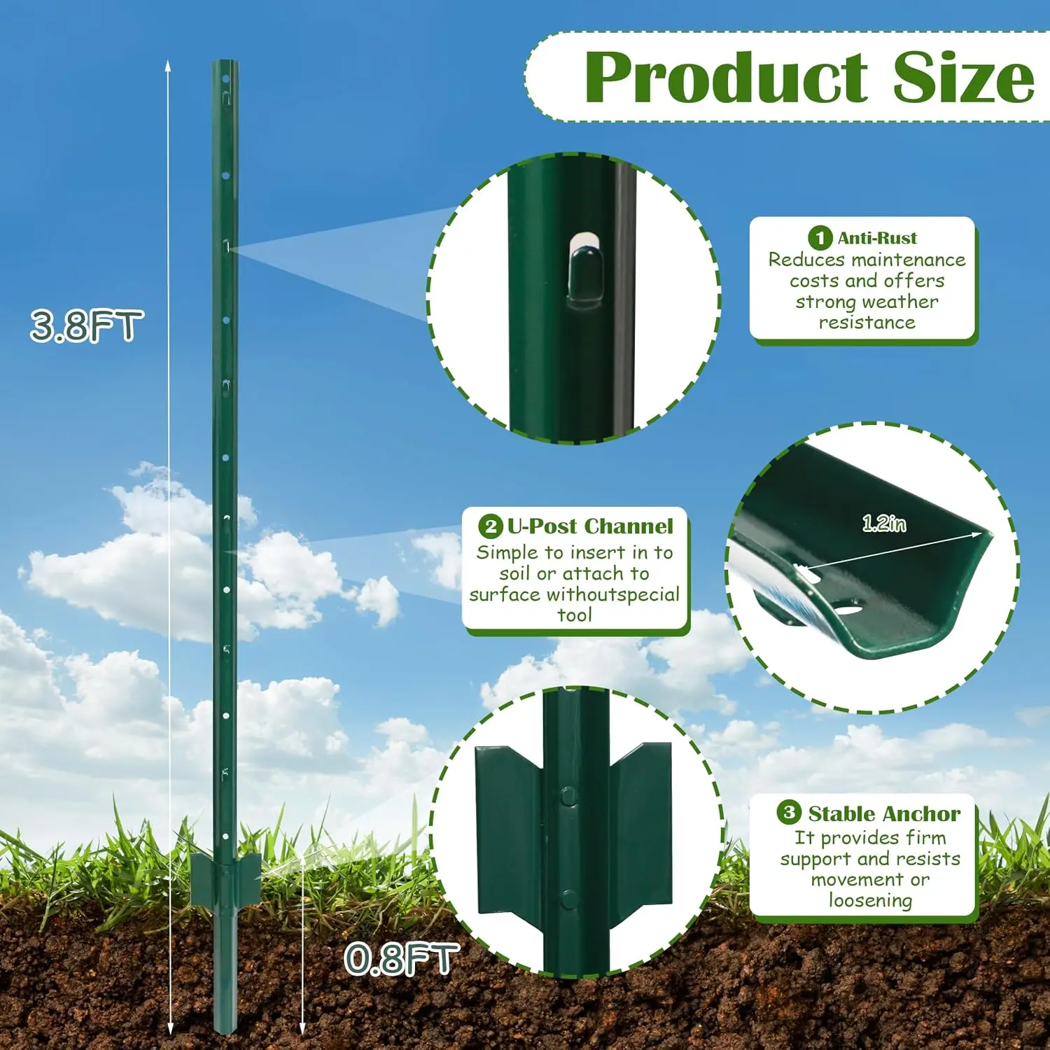 20PCS 3.8' Heavy Duty Metal U-Post Garden Fence Stakes