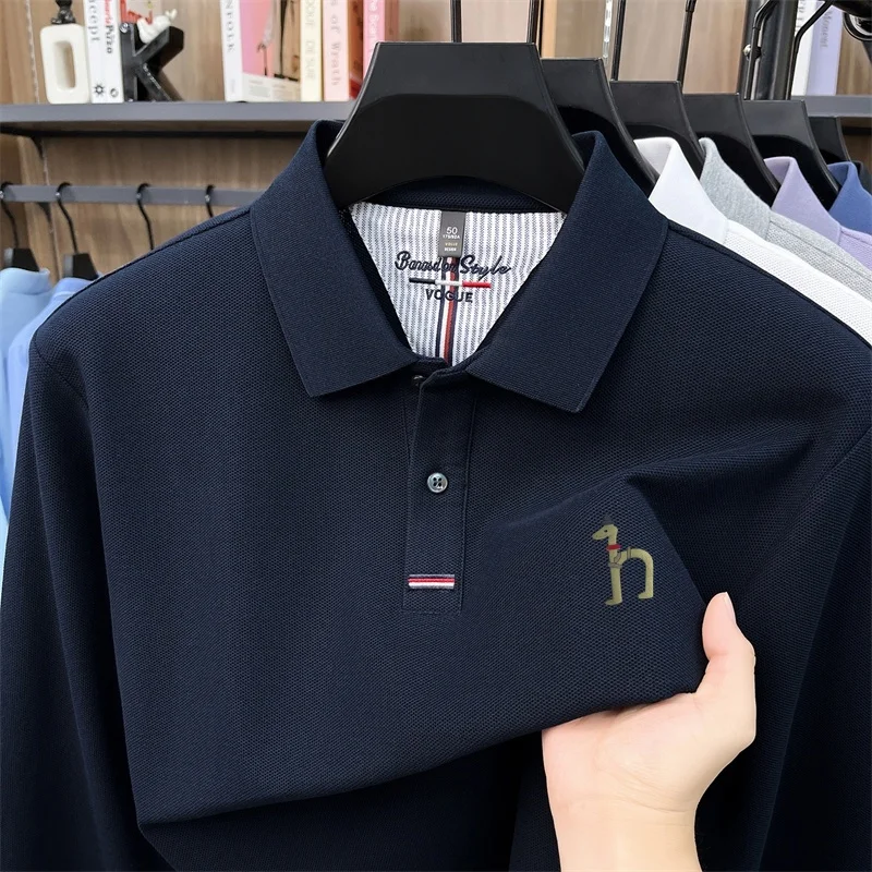 Frühling Herbst Trendiges 100% Baumwolle Herren-Poloshirt mit Aufdruck und Kragen, Einfarbiges Langarm-T-Shirt, Bequeme Freizeitkleidung für Männer – Detail 3