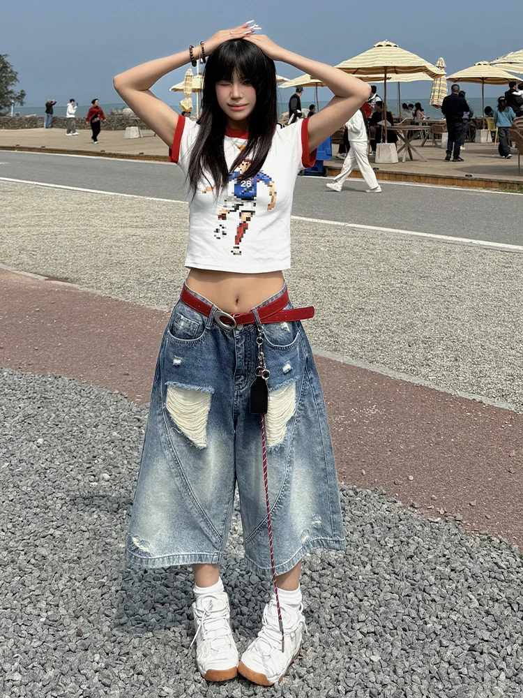 

Retro American Large Size Denim Jeans Women's Street Straight Loose Slim Wide Leg Mid-Length Trendy Distressed Seven-Foot Jeans