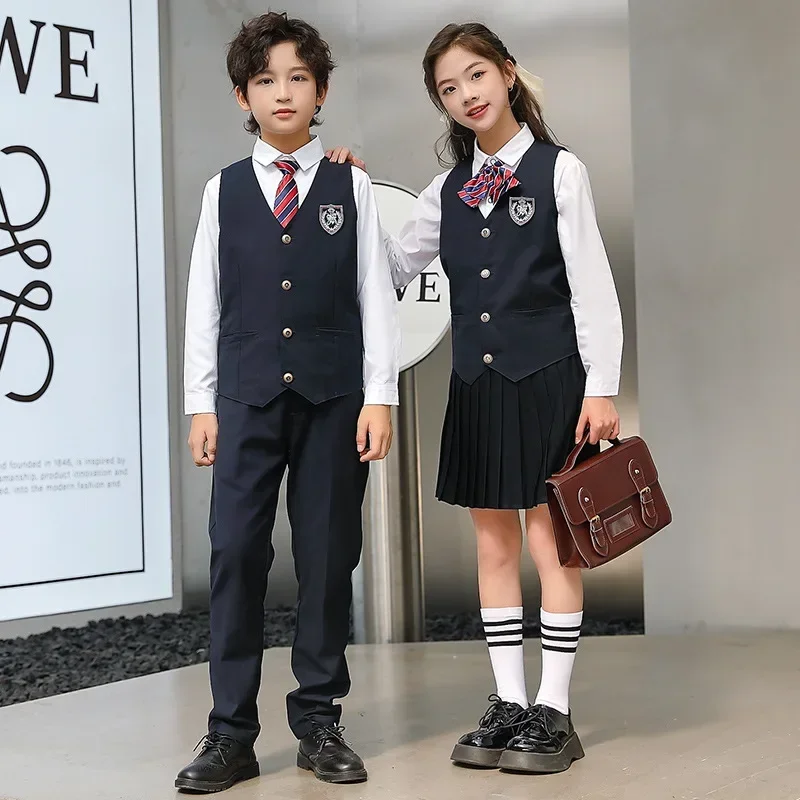 Vest Pants Bow Tie for Girl Boy Clothes Set Student Outfit Kid Japanese School Uniform White Shirt Navy Pleated Pinafore Dress