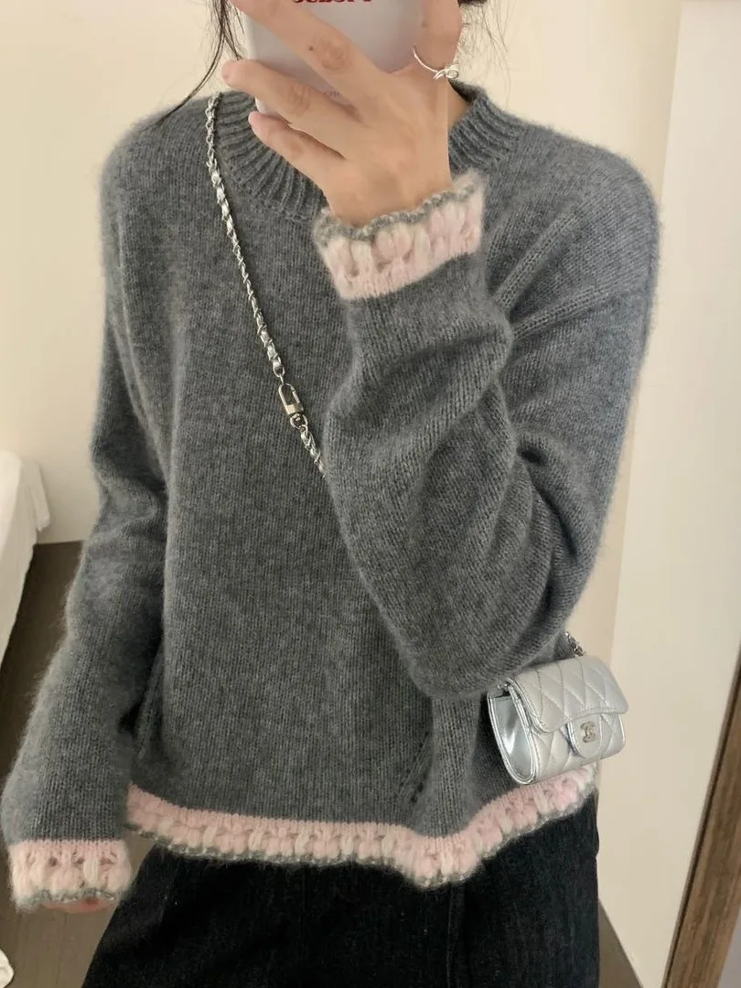 

Ele Coffee-Colored Lace Knitwear Women's Innerwear Design Sensation Autumn Winter Loose Fit Long Sve Top Trendy