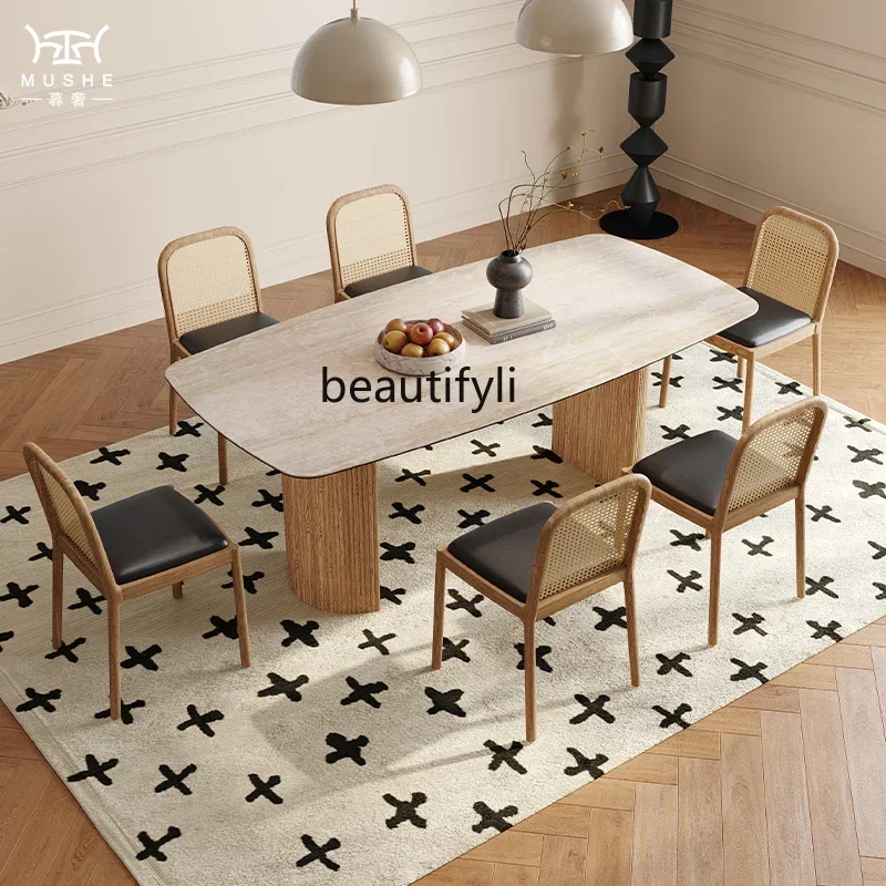 

Y French log color dining table and chair combination travertine rock slab cream style solid wood dining table