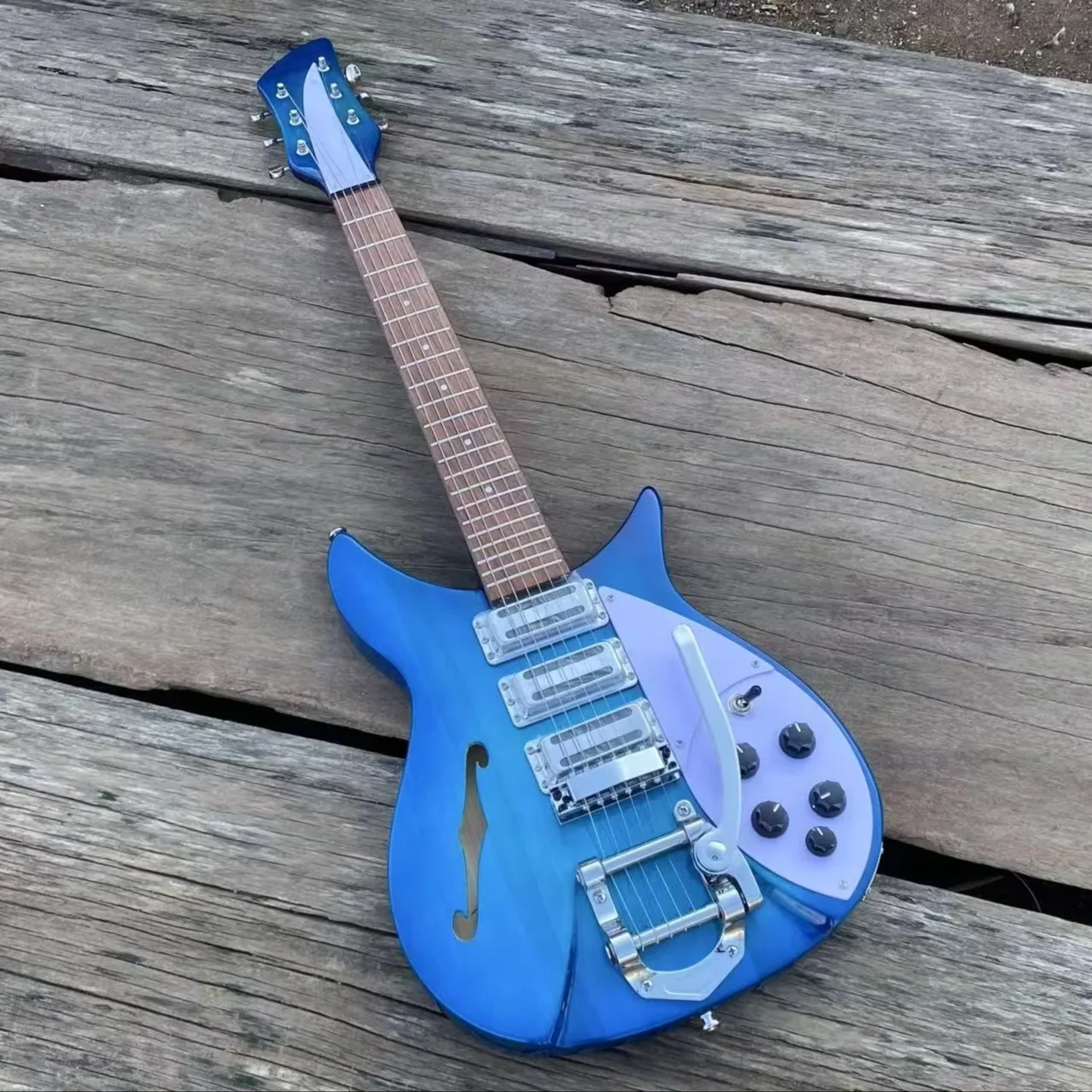 325 Electric Guitar Blue F-hole Semi Hollow Body Stainless Steel Frets Tremolo Bridge 3 Mini Humbuckers 20.75