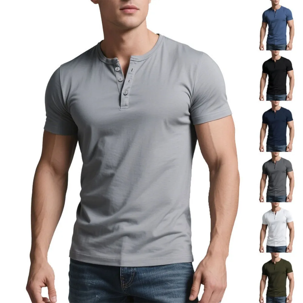 2025 Summer New Men's Summer Casual Henley Shirt Men's Solid Color Slim Fit Casual Round Neck Short Sleeve