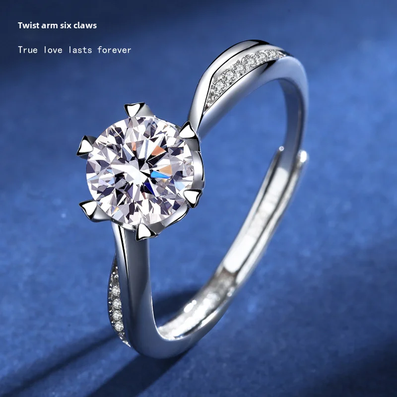 Female S925 Silver 6-Claw D Mozambique Stone Classic Design Light Luxury Open Ring Couple Wedding Jewelry Party