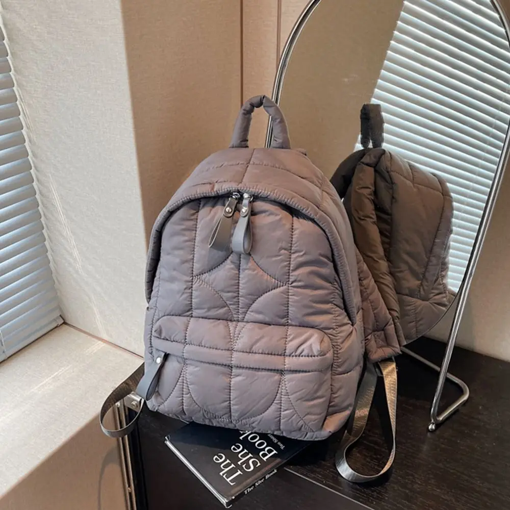 

Vintage Solid Color Padded Coat Backpack Cloud Nylon Space Cotton Shoulder Bag Large Capacity Pleated Student Schoolbag Travel