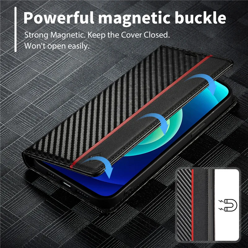 Carbon Fiber Magnetic Wallet Case For Xiaomi Redmi Note 12 12S Note12 Pro Flip Leather Book Cover