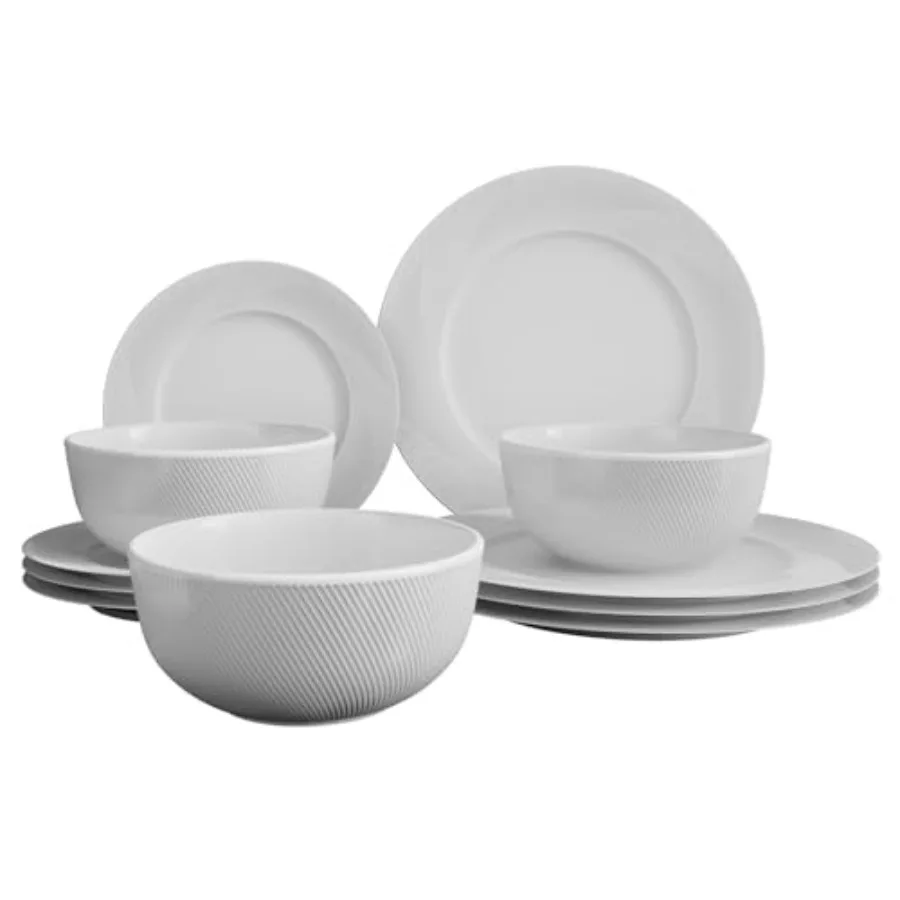 

Столовая посуда из костяного фарфора с белым тиснением, 12 предметов, легкая, прочная, устойчивая к сколам конструкциям для 4 человек