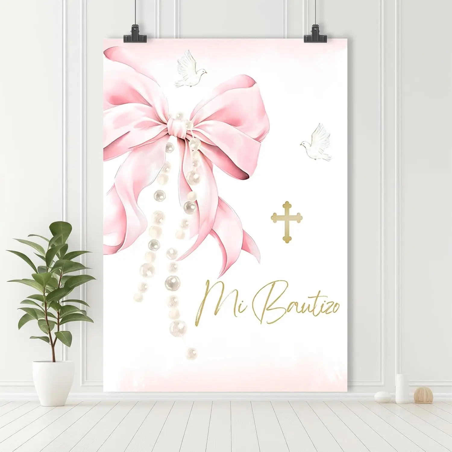 Vikama Battesimo Sfondo Fiocco Rosa Ragazza Battesimo Prima Comunione Banner Dio Benedica Battesimo Decorazione Festa Sfondo Fotografico