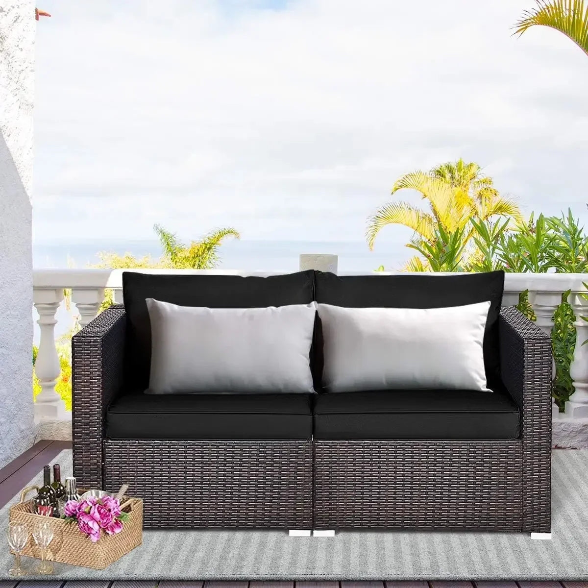 

Wicker Loveseat 2 Piece, Patio Furniture Couch w/ Removable Cushions, Rattan Loveseat Sofa for Balcony, Deck, Garden & Poolside