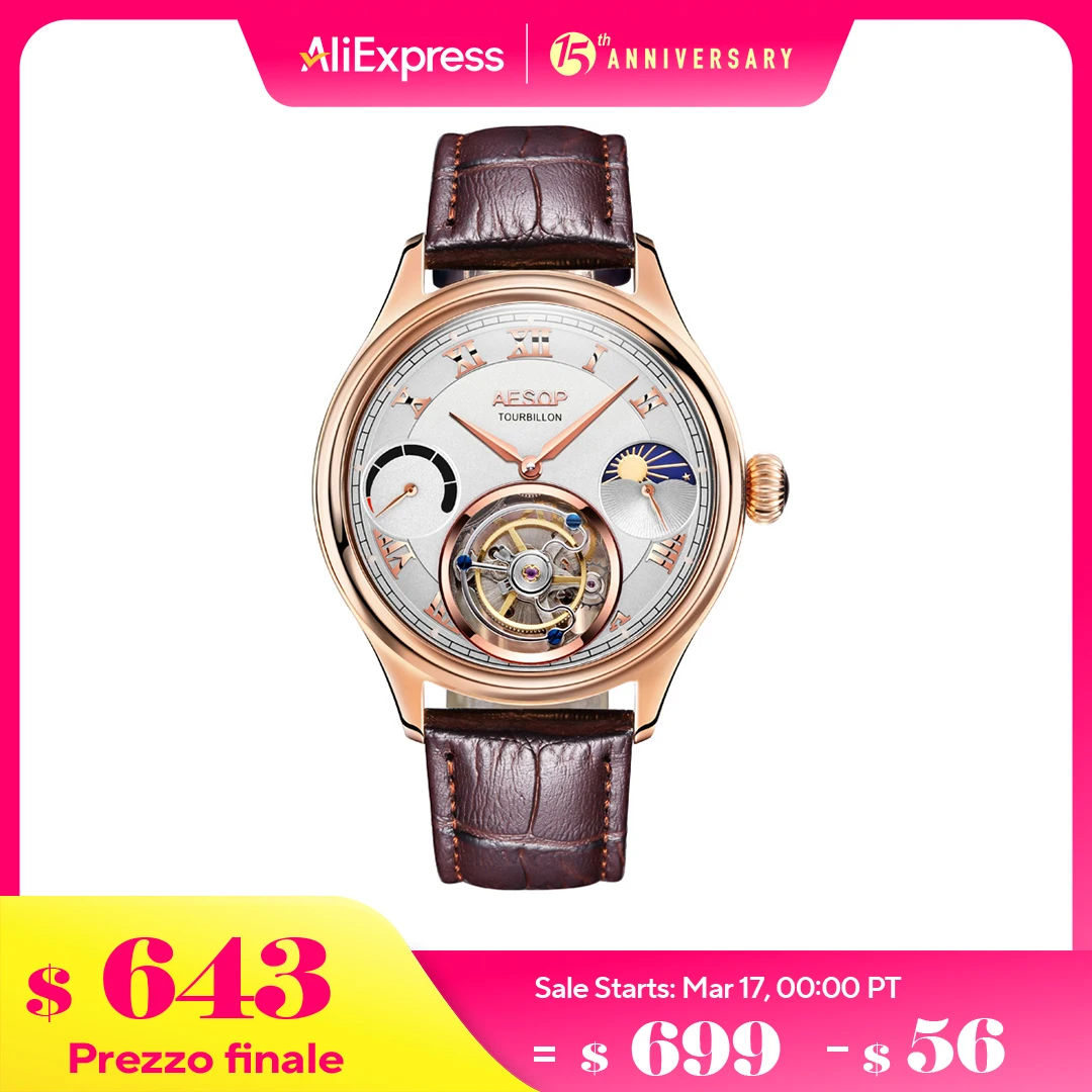 Aesop คู่มือ7001 Tourbillon การเคลื่อนไหวสังเคราะห์แซฟไฟร์คริสตัลสแตนเลสหนังแท้สะดวกสบายกันน้ำเรืองแสง