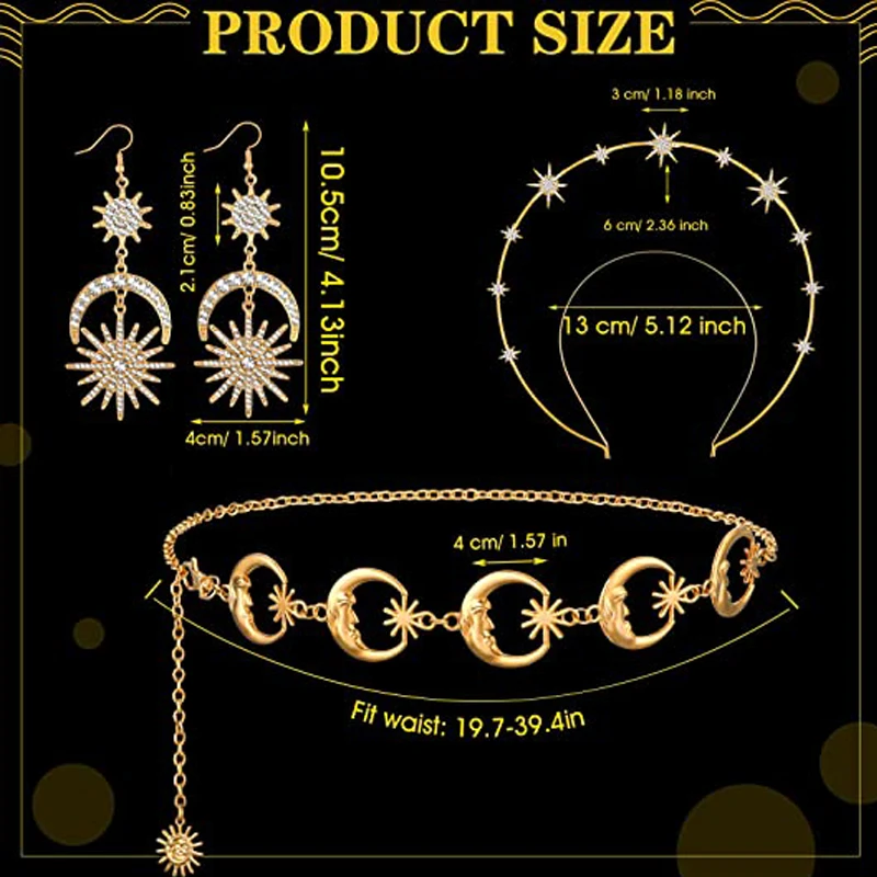 3 Pieces Halo Crown Earrings for Women Belt Chain Set Stars Crown Drop Earrings Moon Star Body Chain Belt