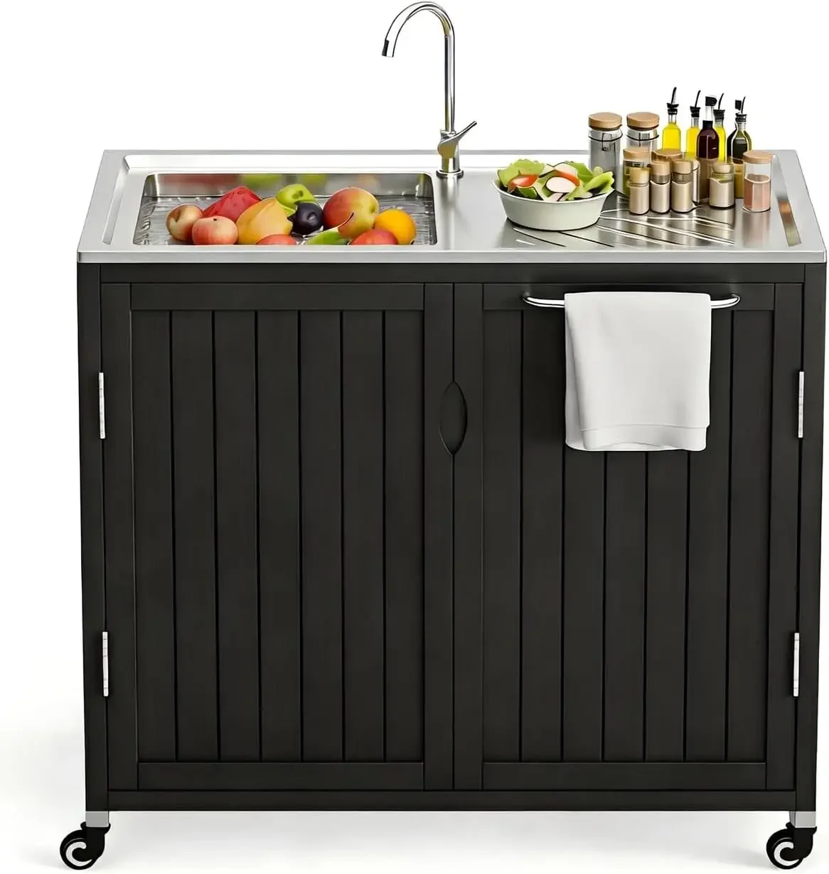 Rolling Solid Wood Grill Station With Sink Storage And Locking Casters