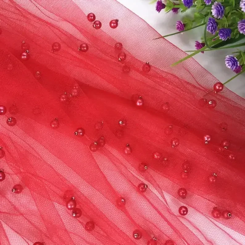 3 Colors Bead Pearl  fabric Ivory Soft Tulle for wedding  bridal lace dress fabric veil   1 Yard