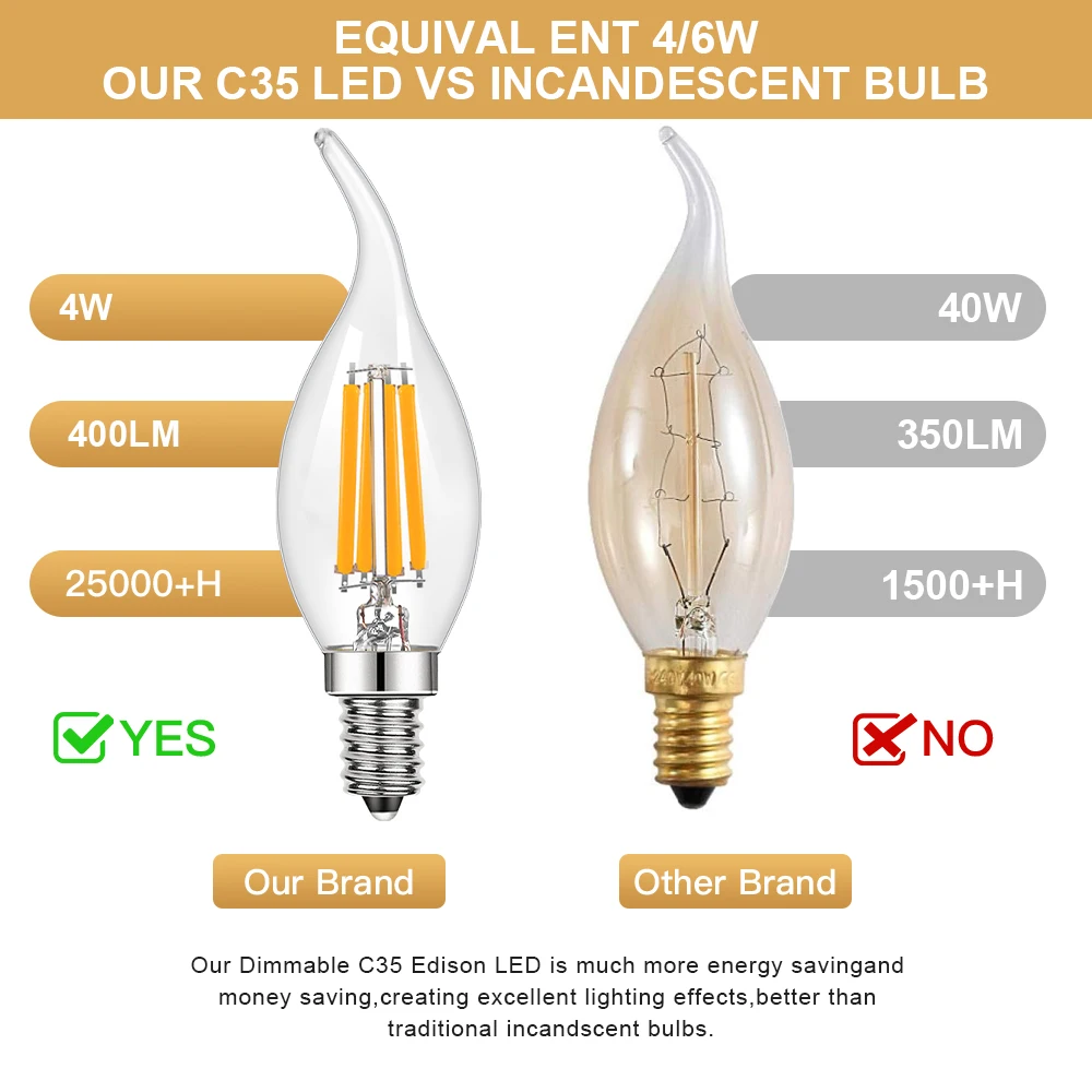 خمر C35 Led لمبة الدافئة الأبيض 4 واط 6 واط 220 فولت E14 خيوط شمعة مصباح عكس الضوء قلادة الثريا استبدال مصابيح كهربائية ديكور