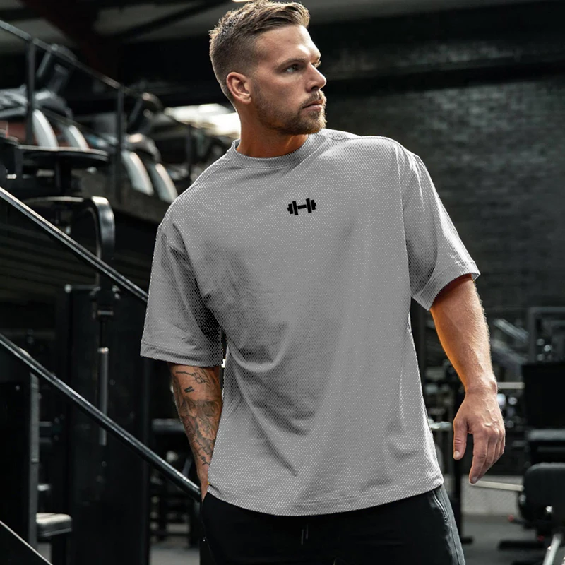 Mesh Oversized Half Sleeve Running Shirt Mens Fitness T Shirt Quick Dry Loose Sportswear Gym Clothing Loose Bodybuilding T-shirt