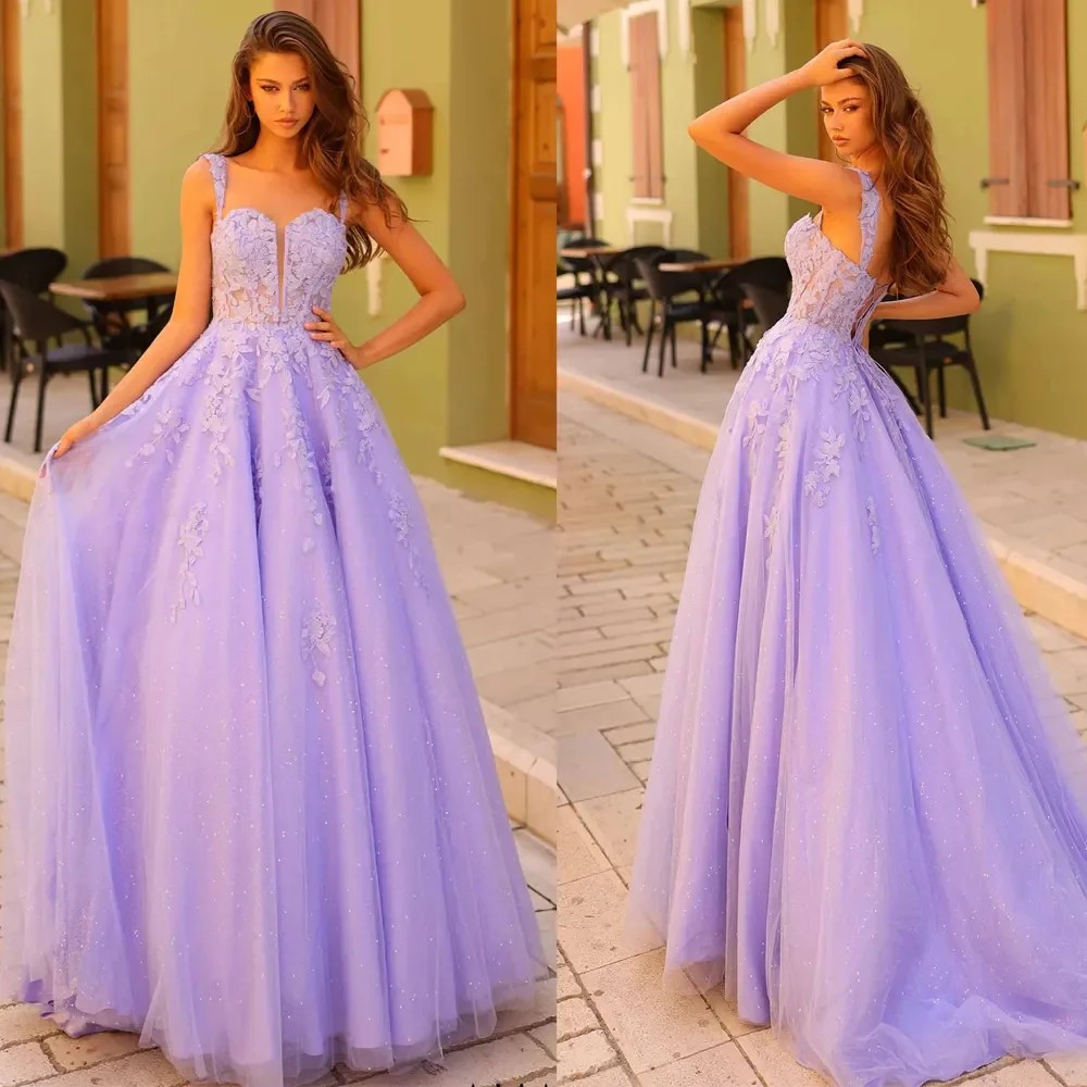 

Elegant princess Fashion Glitter Tulle Prom Dresses Sexy backless Spaghetti Strap Lace Appliques A Line Party Evening Dress