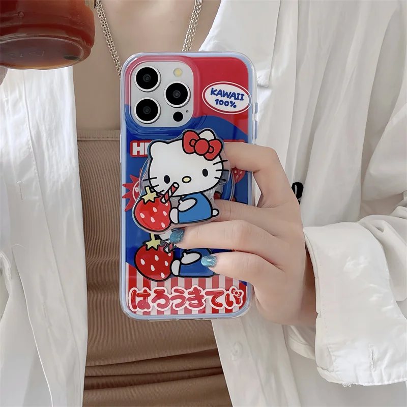 Cartoon Cute Fruit Strawberry Beverage Hello Kitty Magsafe Wireless Charge For iPhone 15 14 13 Pro Max Magnetic Holder