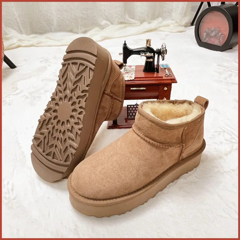 Genuine leather and wool sheep winter thick warm boots 4cm high sole versatile low cut snow boots