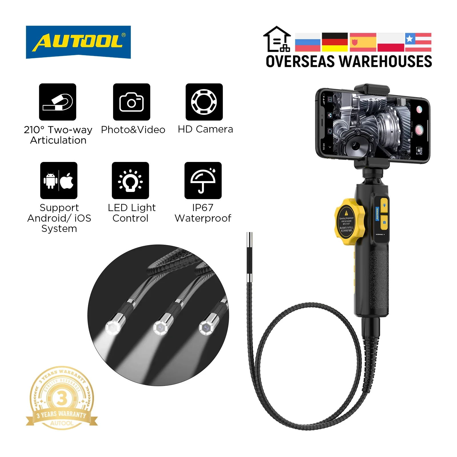 AUTOOL SVB302 1080 HD Automotive Industrial Endoscope with Light Autofocus Endoscope Inspection Camera Lens for IMG & Video
