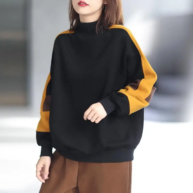 Fashion Korean Contrasting Colors Spliced Warm Tops Autumn Winter Female Half High Collar Casual Long Sleeve Sweatshirt T-shirt image 2