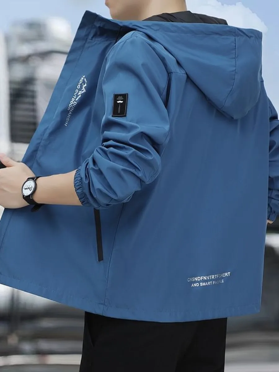 Men's Casual Spring Autumn Lightweight Jacket Hooded Large Size Youth Fashionable Outerwear Standard Fit Breathable