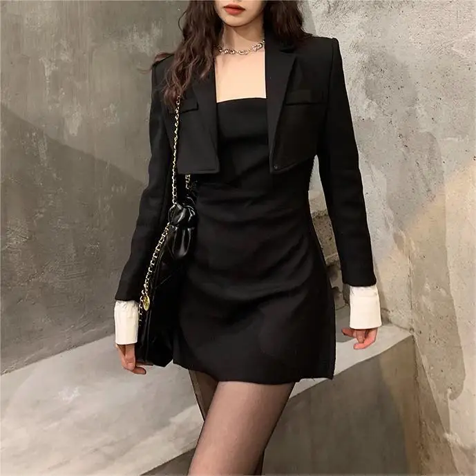 Office Lady Dress Suits 2024 Long Sleeve Blazers Slim Sleeveless Slip Mini Dresses Sets Autumn Elegant Women Black 2 Piece Set