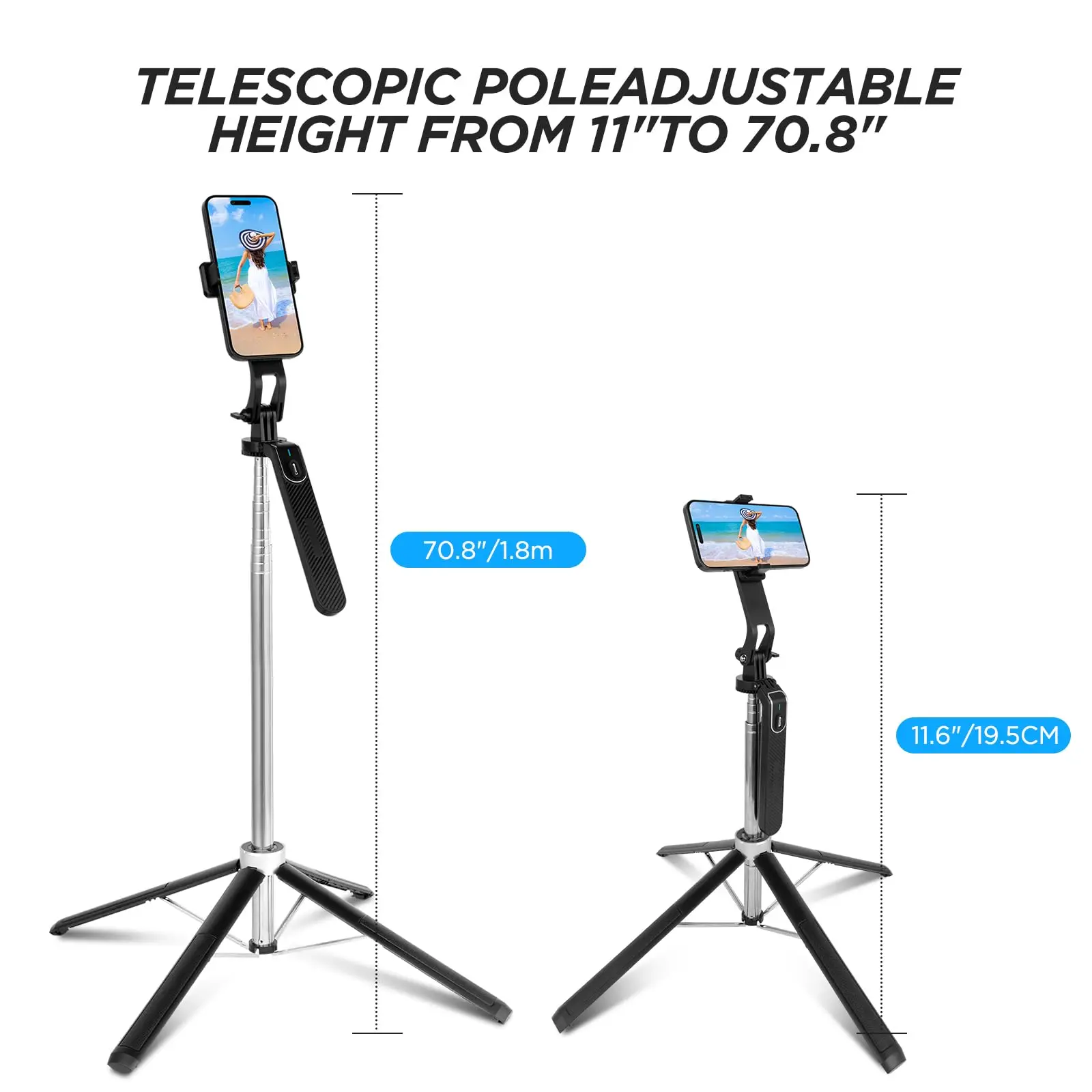 180cm Selfie Stick Quad Tripod Extendable Mobile Phone Tripod 360° Rotation Compatible with IPhone Android Phone, Camera