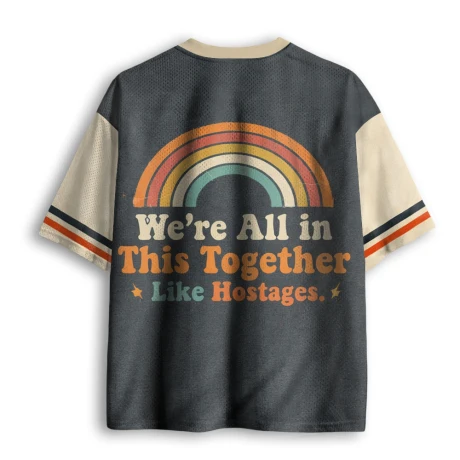 Vintage Retro Rainbow Funny Sarcastic Slogan Print Multi Color Block Mesh V Neck Loose Football Jersey T-shirt