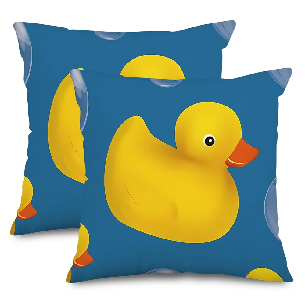 2pcs Cute Yellow Rubber Duck Throw Pillow Covers Blue Background Cartoon Duck Cushion Cases for Home Bedroom Living Room Decor