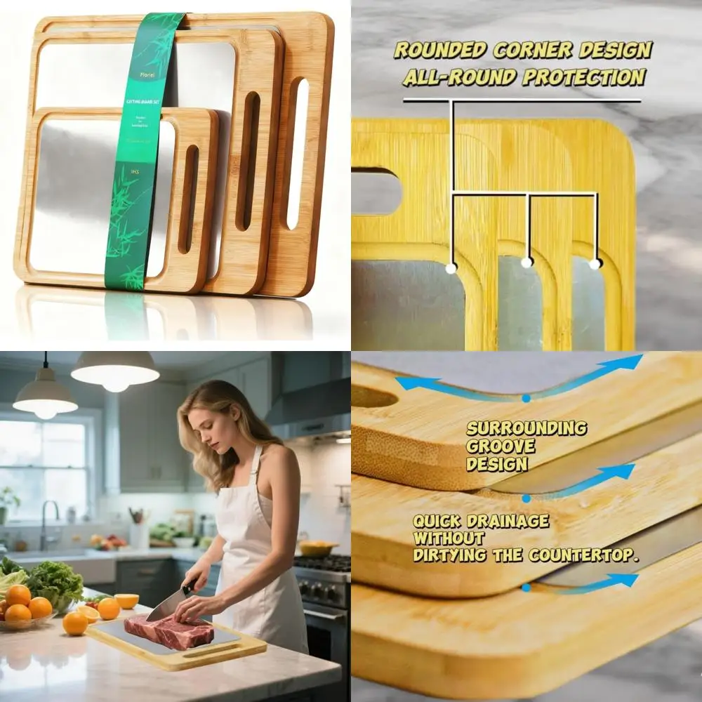 

Dual-Sided Bamboo and Stainless Steel Kitchen Cutting Board with Non-Slip and Juice Groove for Meat, Vegetables, and More