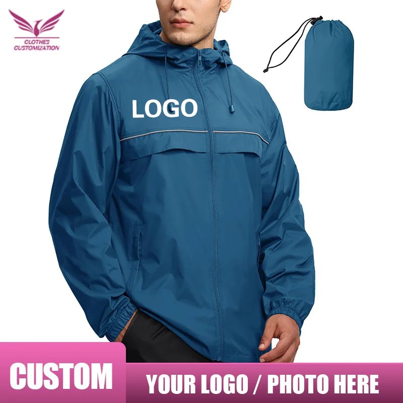 

Custom logo Waterproof Jacket for Men Lightweight Hooded Raincoat personality cuatomization woman Casual jacke print photo