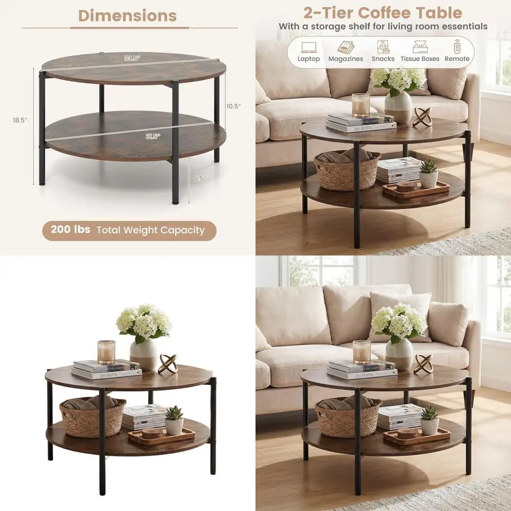 

Rustic Brown 33.5 Two-Tier Metal and Wood Coffee Table with Open Shelf for Small Spaces